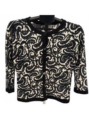 Classic Black White Paisley Merino Wool Cardigan Small